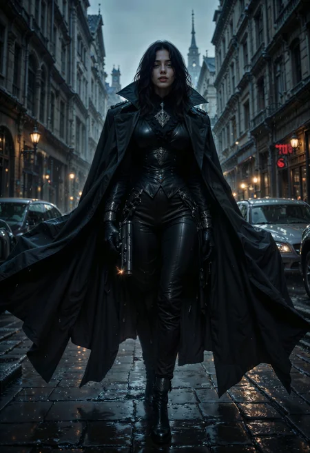 In a rain-soaked city, a lone detective steps into the glow of a flickering streetlamp, her trench coat trailing behind her like a cloak of shadows. Her jet-black hair falls in sharp waves, framing her face, where a hint of crimson lipstick contrasts starkly against her pale complexion. Her dark, tailored suit is accented with subtle gothic flourishes—a lace cravat and silver skull cufflinks. In her gloved hand, she holds a cigarette, its faint ember glowing in the misty night, while the other grips a sleek revolver engraved with cryptic symbols. Her sharp, calculating gaze misses no detail as she stalks the rain-slicked streets, following clues that lead to secrets no one else dares uncover. A faint chill seems to follow her, as if the shadows themselves are her allies.