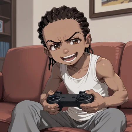 score_9, score_8, score_7, break, solo, male child, riley_f, 1boy, dark-skinned male, black hair, dreadlocks, brown eyes, tank top, pants, open smile, cute, game controller, sofa