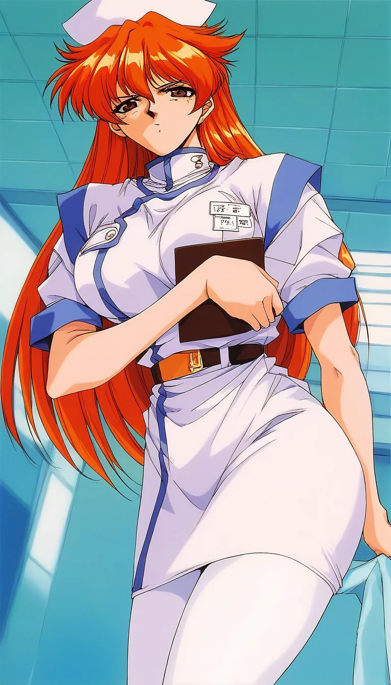 score_9, score_8_up, score_7_up, source_anime, rating_explicit, BREAK <lora:Nogiwa_Miho_OVA_XL:1>Nogiwa_Miho_OVA, long hair, orange hair, bangs, brown eyes, large breasts, 1990s (style)
1girl, solo, nurse, hat, pantyhose, clipboard, nurse cap, serious,
holding, looking at viewer, white pantyhose, belt, short sleeves,