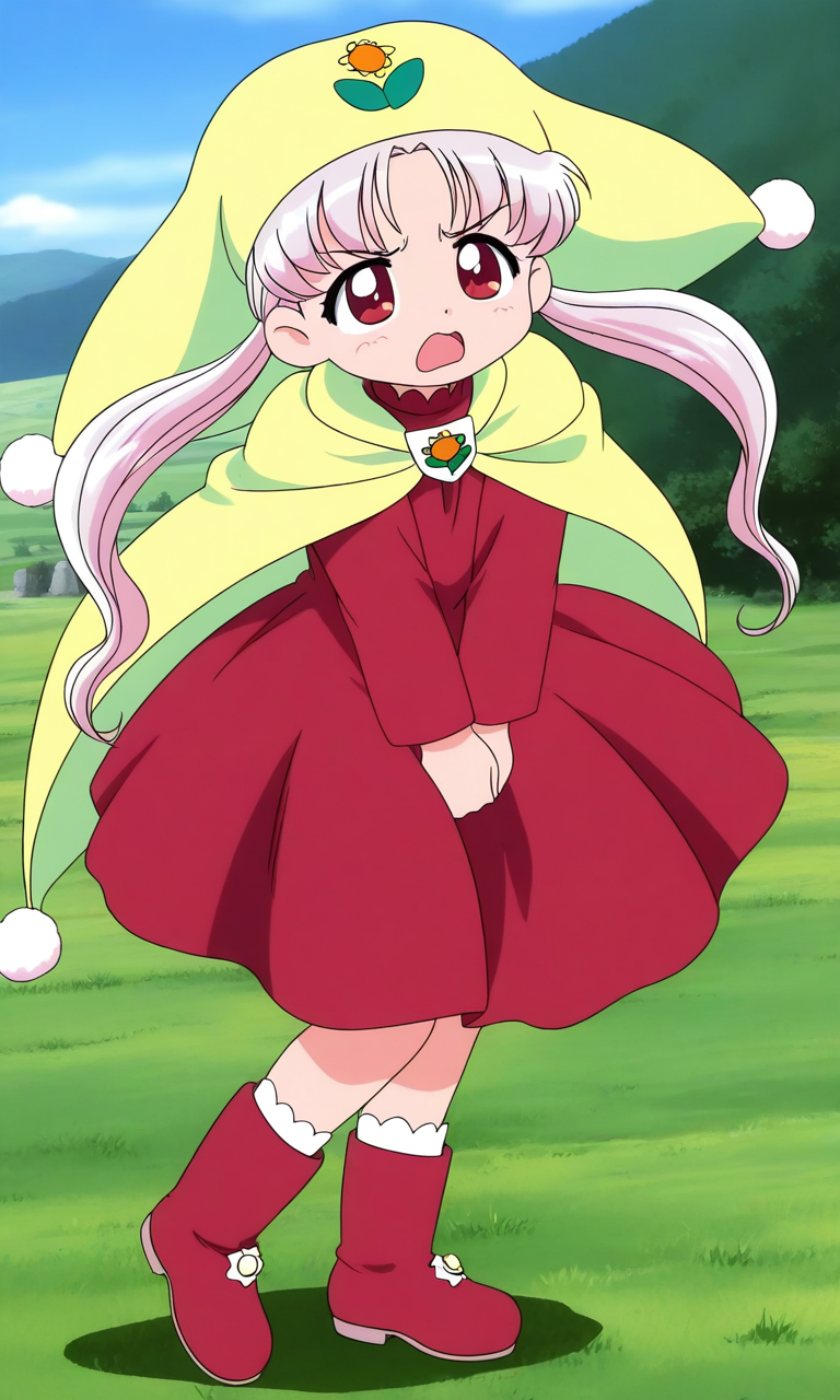 general,highres, ultra-detailed,very aesthetic,best quality ,best hands, BREAK <lora:Princess_Silver_Crayon_Oukoku_Ver2.0_IS:0.9>
Silver_Oujo(Crayon_Oukoku), 1girl, solo, long hair, white hair, pink hair, red eyes,
yellow headwear, twintails, parted bangs,
red dress, boots, pom pom (clothes),
disdain,
full body, open mouth, red dress, 
long sleeves, red footwear, v arms, 
hair bun, standing,
grass, sky, fantasy,