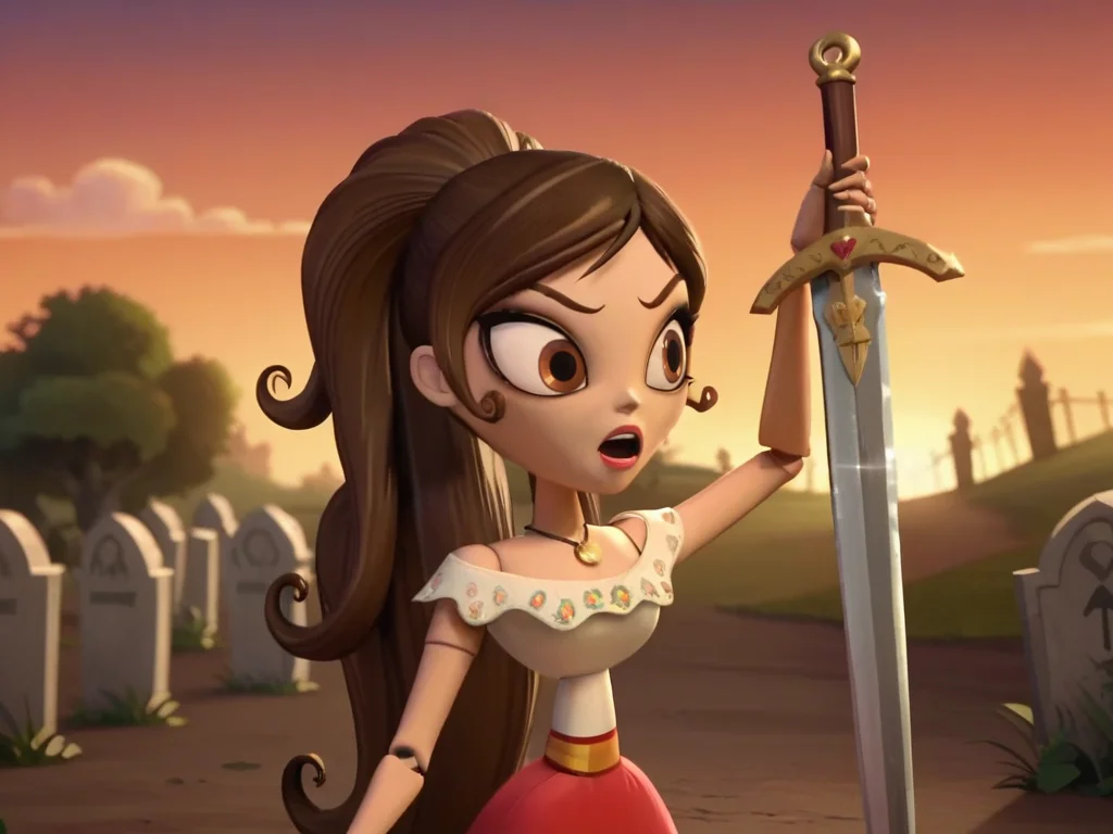 Score_9, score_8_up, score_7_up, score_6_up, BREAK,
screencap, outdoors, sunset, graveyard,
<lora:Maria_Posada_screencap:0.8> Maria Posada, brown hair, high ponytail, long hair, brown eyes, lipstick, pendant necklace, joints, narrow waist, dress, long red skirt, holding sword, upper body, arm up, open mouth