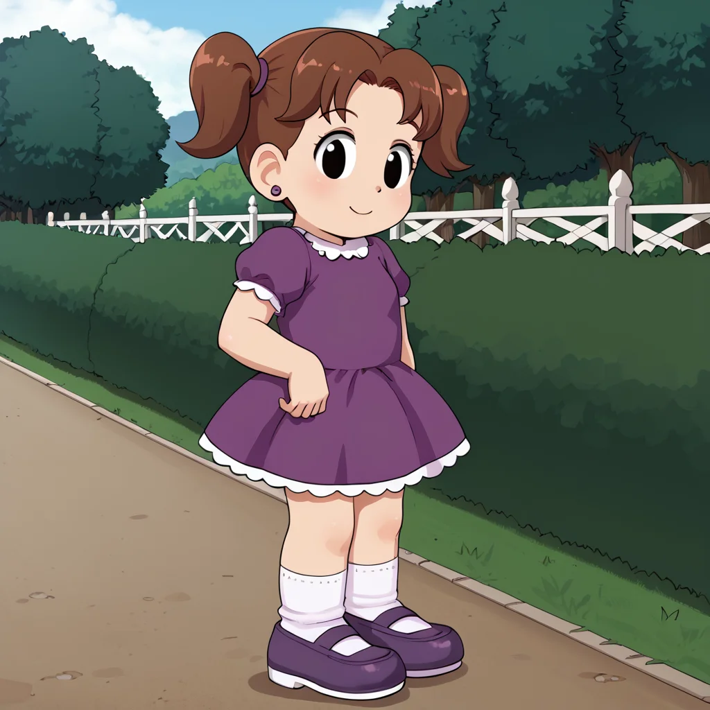 outdoors, <lora:DeniseV2:1> denisetdm, 1girl, solo, black eyes, reddish-brown hair, twintails, short twintails, jewelry, earrings, dress, purple dress, short sleeves, whit socks, shoes, purple footwear