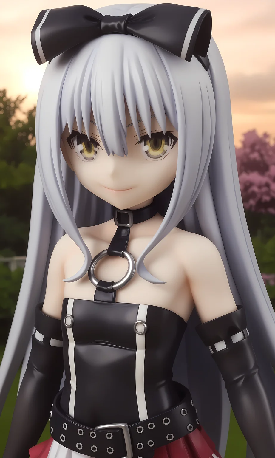 score_9, score_8_up, score_7_up, source_anime, highly detailed figure,looking at viewer, shiny skin, upper body, light smile, petite,ohwx, grey_hair, long_hair, yellow_eyes, collarbone, very_long_hair, grey_eyes, hair_between_eyes, white_hair, short_hair, flat_chest, breasts,bare_shoulders, choker, bow, hair_bow, collar, ribbon, dress, skirt, black_bow, belt, black_dress, hair_ribbon, pantyhose, cosplay, gloves, elbow_gloves, black_pantyhose, hairband, thighhighs, shoes, necktie, pleated_skirt, o-ring, gothic_lolita, Mount Fuji in the background with cherry blossoms in foreground, sunrise lighting, majestic and calm landscape,<lora:sora_pony_sobsynapse-000003:0.9>