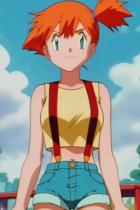 anime screencap, score_9,  score_8_up, score_7_up, score_6_up, source_anime, looking at viewer, cowboy shot, sky
 BREAK, 1girl, misty \(pokemon\), side ponytail, yellow tank top, suspenders, denim shorts
<lora:Ultimate_Misty_Pony_XL:1>