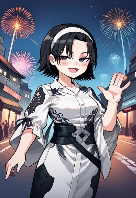 score_9, score_8_up, score_7_up, score_9, score_8_up, score_7_up,Masterpiece,HD,(((HD quality))), (((ultra quality))), hyper ultra detailed, hyper ultra quality, chibi,
street background,technology street,futuristic background,fireworks,
1girl, smile, open mouth, blushing cheeks,eyes open
waving hand, waving hand,
BREAK
jun kazama, jun kazama \(tekken\), belt,
short hair, black hair,
hairband, white kimono,
