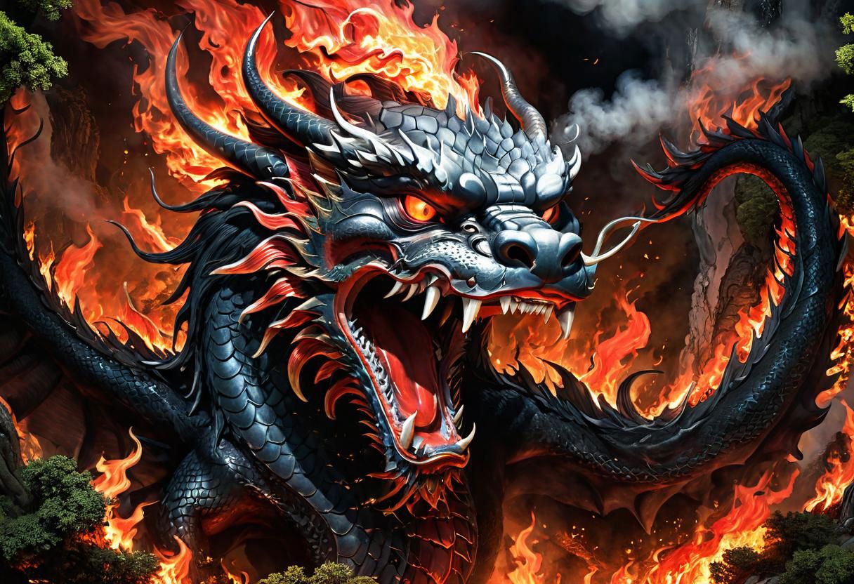 a hiding and grumpy acient chinese dagon concealed by trees, shrubs is peeking out and blowing fire at the viewer, fire underneath dragons scales, the fire burns very intensly lighting up the trees as the dragon breathes fire from its mouth, high up in the Tibetan mountains, red scales highly detailed, and large white pointy teeth, (large red and black wing span), and body wraps around all the trees, (in the background in the mountains is a Tibetan monasteries with monks in in orange gowns, uhd, 8k, intense lighting, award winning masterpiece, extremely detailed, detailed background, cinematic, complex and multidimensional lighting,