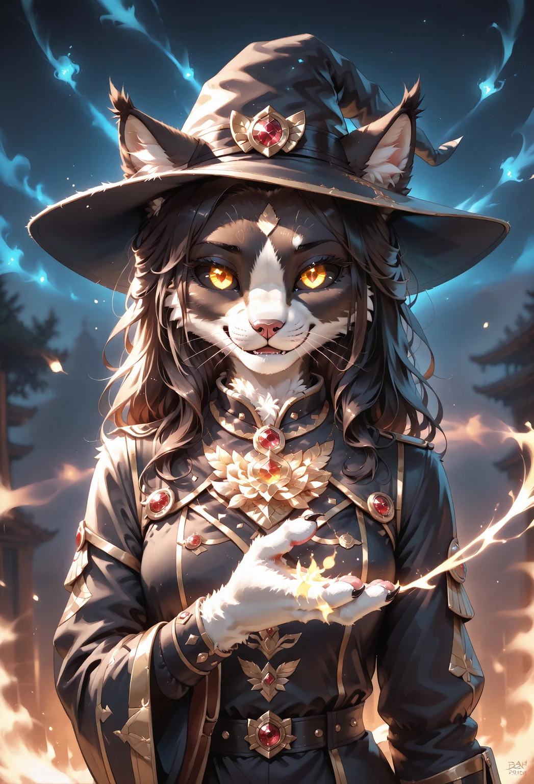 score_9, score_8_up, score_7_up, zPDXL3, fluffy, handfixer, charm_person_(magic), cham_aura, aura on hand , glowing eyes, masterpiece, best quality, ultra-detailed, 8K UHD, cinematic lighting, hyperrealistic shading, volumetric light, high contrast, HDR, depth of field, intricate textures, finely detailed fur
BREAK
Ember (ESO), Feline, Furry, Anthro, black and white fur, yellow glowing eyes, (black sclera:1.3), black silky hair, cute face, wearing a stylish witch's hat with gold trim and a gemstone brooch,
BREAK
(masterpiece:1.4), (best quality:1.4), (ultra-detailed face and fur:1.5), (Unreal Engine 5 rendering style:1.3), (realistic lighting and shading:1.3), (cinematic focus:1.2), (4k resolution), (depth of field), (glowing edge light:1.2), (clean lineart), (illustration quality)