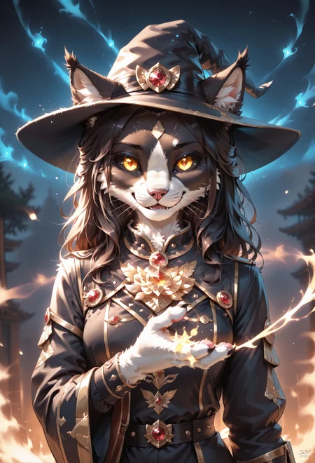 score_9, score_8_up, score_7_up, zPDXL3, fluffy, handfixer, charm_person_(magic), cham_aura, aura on hand , glowing eyes, masterpiece, best quality, ultra-detailed, 8K UHD, cinematic lighting, hyperrealistic shading, volumetric light, high contrast, HDR, depth of field, intricate textures, finely detailed fur
BREAK  
Ember (ESO), Feline, Furry, Anthro, black and white fur, yellow glowing eyes, (black sclera:1.3), black silky hair, cute face, wearing a stylish witch's hat with gold trim and a gemstone brooch,  
BREAK  
(masterpiece:1.4), (best quality:1.4), (ultra-detailed face and fur:1.5), (Unreal Engine 5 rendering style:1.3), (realistic lighting and shading:1.3), (cinematic focus:1.2), (4k resolution), (depth of field), (glowing edge light:1.2), (clean lineart), (illustration quality)