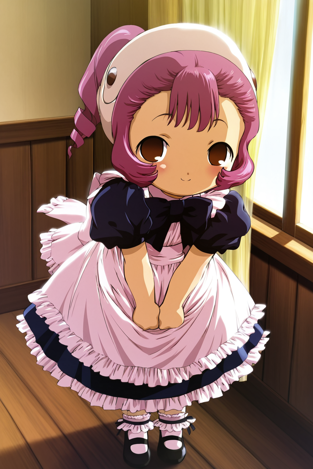<lora:sumomo_kotoko_illustrious_xl_v2:1>, sumomo, 1girl, pink hair, hat, drill ponytail, brown eyes, no pupils,
maid, maid headdress, maid apron, frilled dress, puffy short sleeves, detached sleeves, black bowtie, black footwear, white socks, frilled socks,
standing, dress tug, own hands together, light blush, looking at viewer, smile,
restaurant, wooden floor, window, curtains, wooden wall,
nyantype, masterpiece, best quality, newest, absurdres, highres