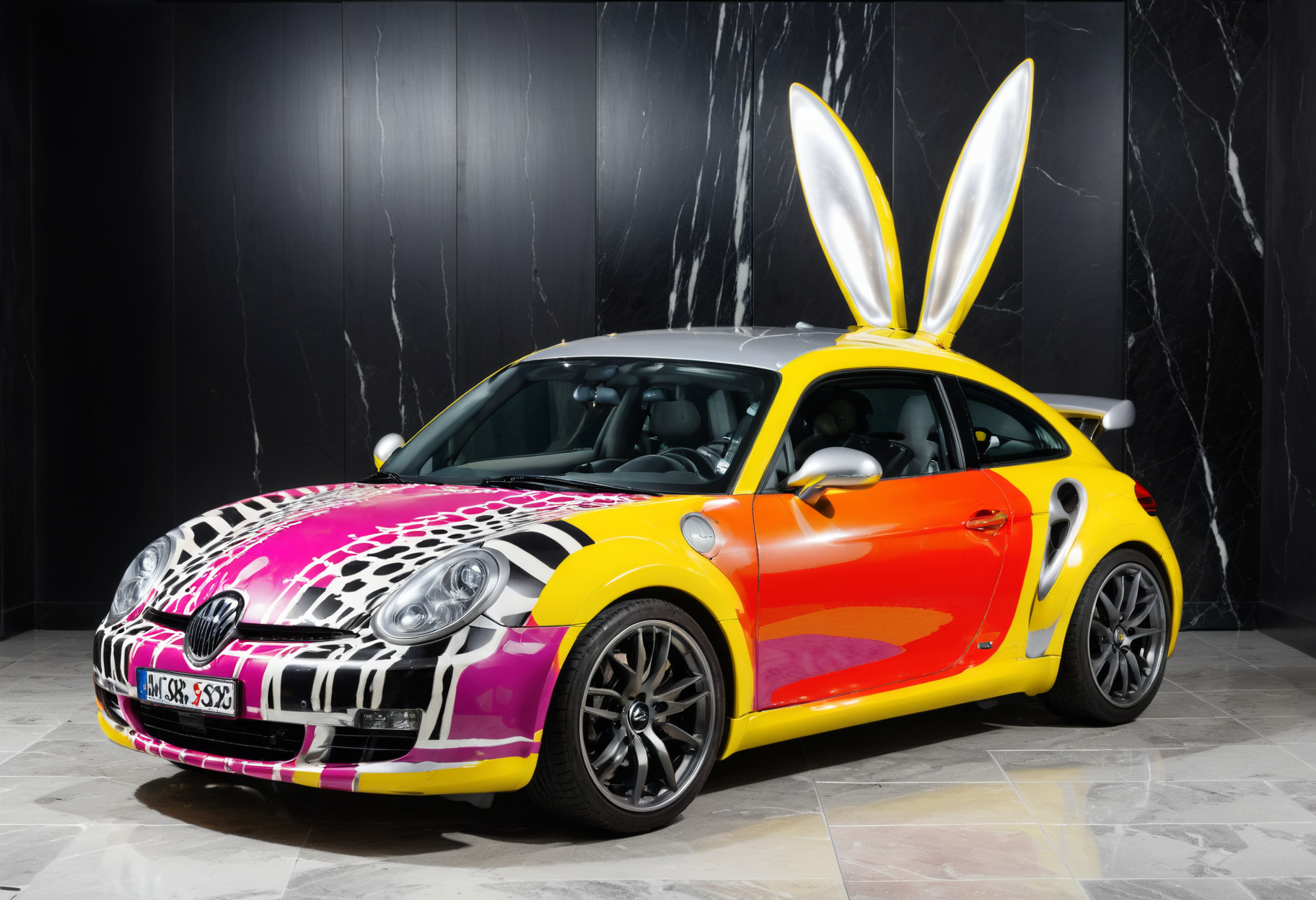 lgcrs,a  car Wissmann looking like a Easter Bunny,with aggressive color pattern, oaken wood and blacks,parked on a (black marble surface:1.2),before a silver sphere, easter eggs like pattern
<lora:Retro_Cars-000011:0.8>,