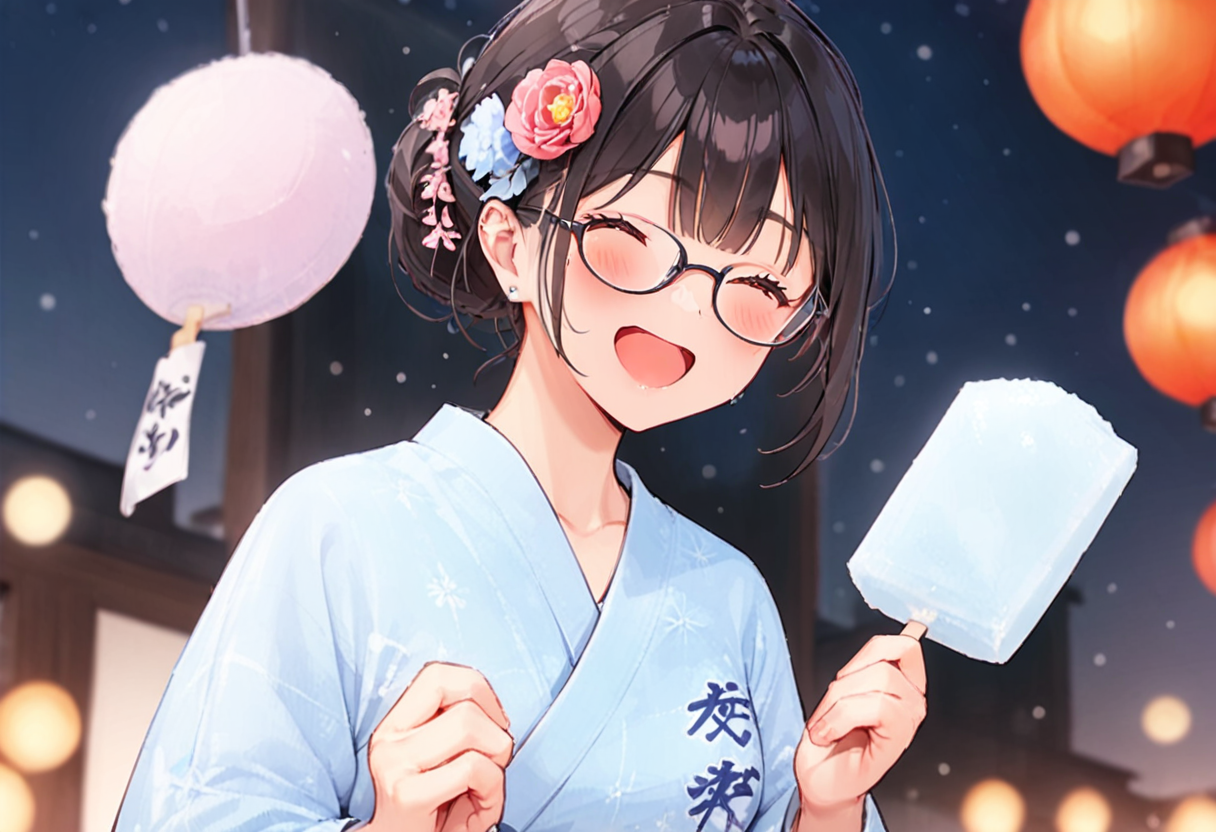 masterpiece, best quality, very aesthetic, absurdres,
1girl, solo, glasses, black hair, food, long hair, blush, holding, holding food, yukata, floral print, hair ornament, hair flower, hair bun, uchiwa, paper fan, paper lantern, night, blurry background, happy, laughing,
garigarikun, summer, night, paper lantern, 
<lora:garigarikun_SDXL_V1:1>