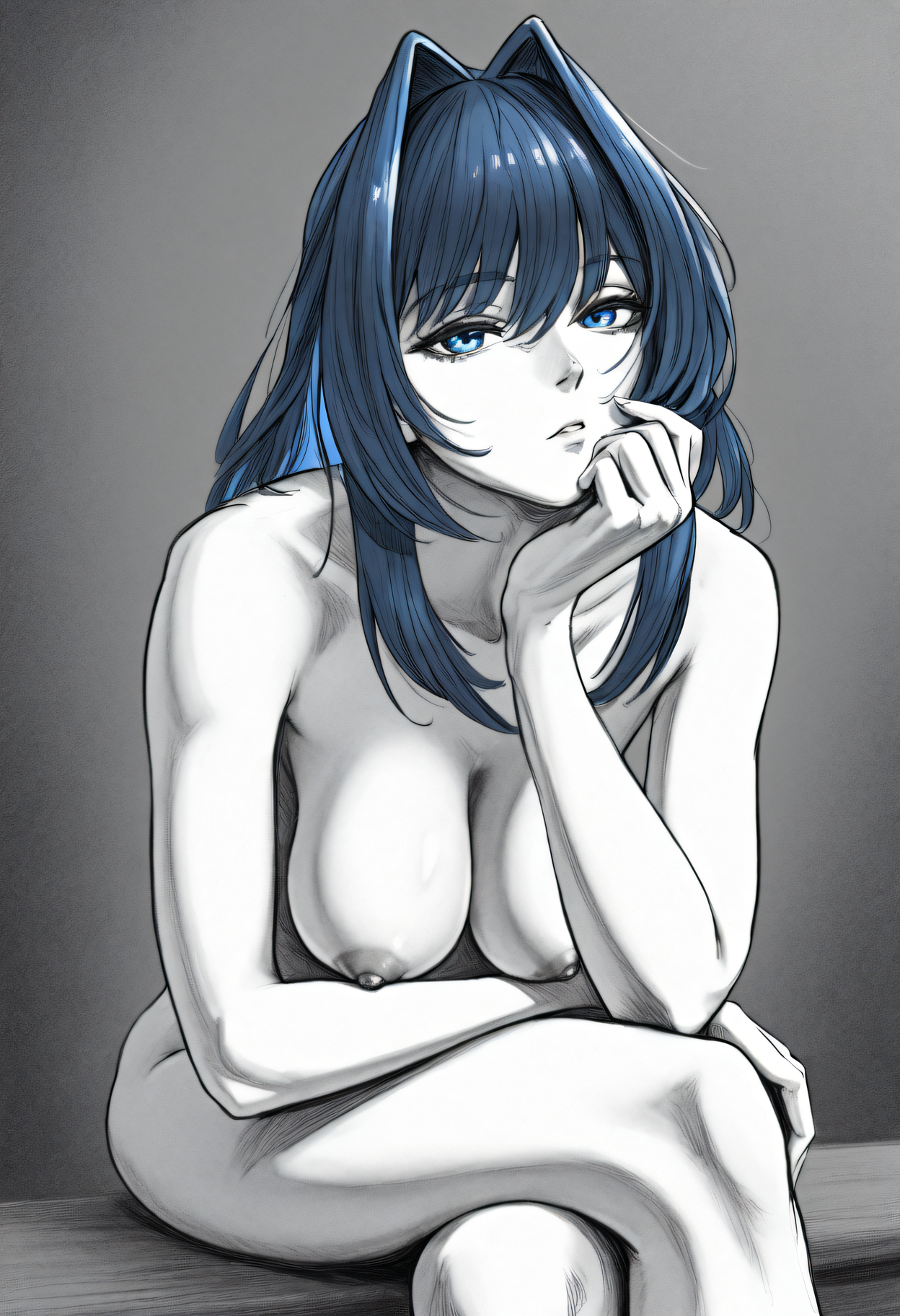 <lora:SketchArt_Epoch_10:1>, greyscale, monochrome, sk3tch, solo, 1girl, nude, nipples, sitting, crossed_legs, bent_forward, elbow_on_knee, hand_on_own_chin, looking at viewer, very awa, masterpiece, best quality, highres, absurdres, <lora:ChamOuroKroniiNoob:0.8>, Kr0nii, blue eyes, blue hair, hair intakes