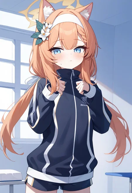 score_9, score_8_up, score_7_up, upper body Mari_(Track)_(Blue_Archive), blue_eyes, orange_hair, braid, long_hair, flat_chest, halo, hair_flower, animal_ear_fluff, gym_shorts, blue_shorts, track_jacket, blue_jacket, white_hairband Mari_(Blue_Archive),indoors,writing letter  easynegative