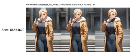 aroused,cowboy shot,thumbs up,bisque hair,coat, <lora:HairintakesEraser_v10_Pony:2>, score_9, score_8_up, score_7_up, BREAK source_anime, rating_questionable, best quality, masterpiece, uncensored,[pony diffusion V6 is trained by PurpleSmartAI:100]