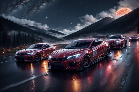 cars racing at night in mountains roadway scenario, near mist, cloudy starry night, Red moon , kawaii <lora:add_detail:1> <lora:offset_0.2:1>  <lora:AdsTech:0.7>