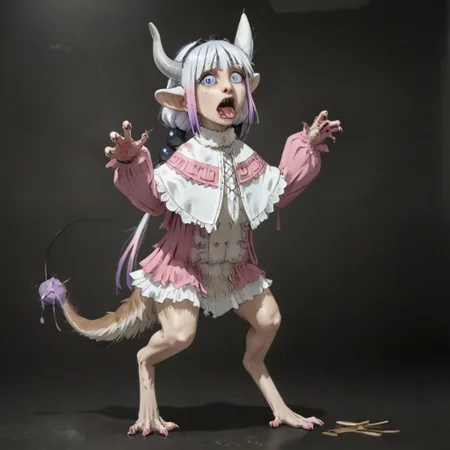 score_9, score_8_up, score_7_up, source_photo, realistic, ((bytransform)), ((transformation)), uneven transformation, asymmetrical transformation, mid transformation, full body, human girl, petite cute, scared, terrified, screaming, crying, Kanna_Kamui to yinglet transformation, blue_eyes, slit_pupils, pink_hair, low_twintails, long_hair, blunt_bangs, gradient_hair, flat_chest, dragon_horns, tail, hair_beads, black_hairband, hair_bow, black_bow, hybrid human yinglet feet, [digitigrade legs], hybrid human yinglet hands, looking at self in shock, shocked expression, scared expression, scared body language, (Kanna_Kamui transforming into a yinglet), multibreast, covered multibreast, 4breast, torn clothing, oversized clothing, clothes falling off, frilled_dress, pink_dress, frilled_capelet, fur-trimmed_capelet, white_capelet, white_thighhighs, puffy_long_sleeves, pink_sleeves, 1girl, solo, (hybrid colored fur:0.5), monster girl, realistic, (tail), (cutie, young, soft features:1.1), long ears, small body, diminutive, short body, petite cute, nubile 18yo girl, Expressiveh, snout, pained expression, wincing face
