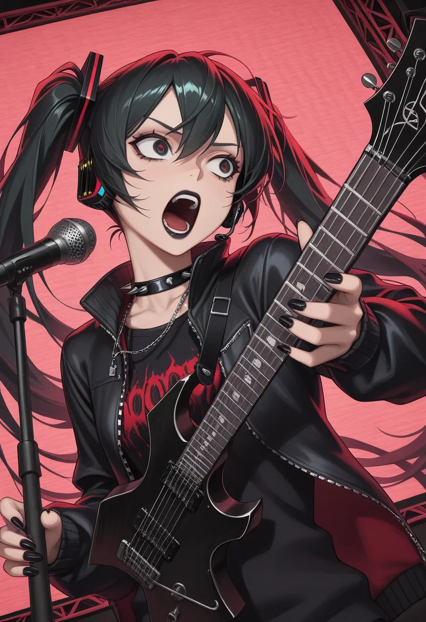 masterpiece, best quality, Graphic Design, color art, vibrant colors, colorful, intricate details, high contrast, detailed background, beautiful detailed, beautiful face, detailed eyes, detailed face, new, newest, w4rl0ck, instrument, electric guitar, holding instrument, playing instrument, 1girl, solo, hatsune miku, black hair, black lipstick, makeup, punk, stage, dutch angle, (upper body, perspective:1.4), microphone stand, open mouth, screaming, frown, heavy metal, holding plectrum, looking away,