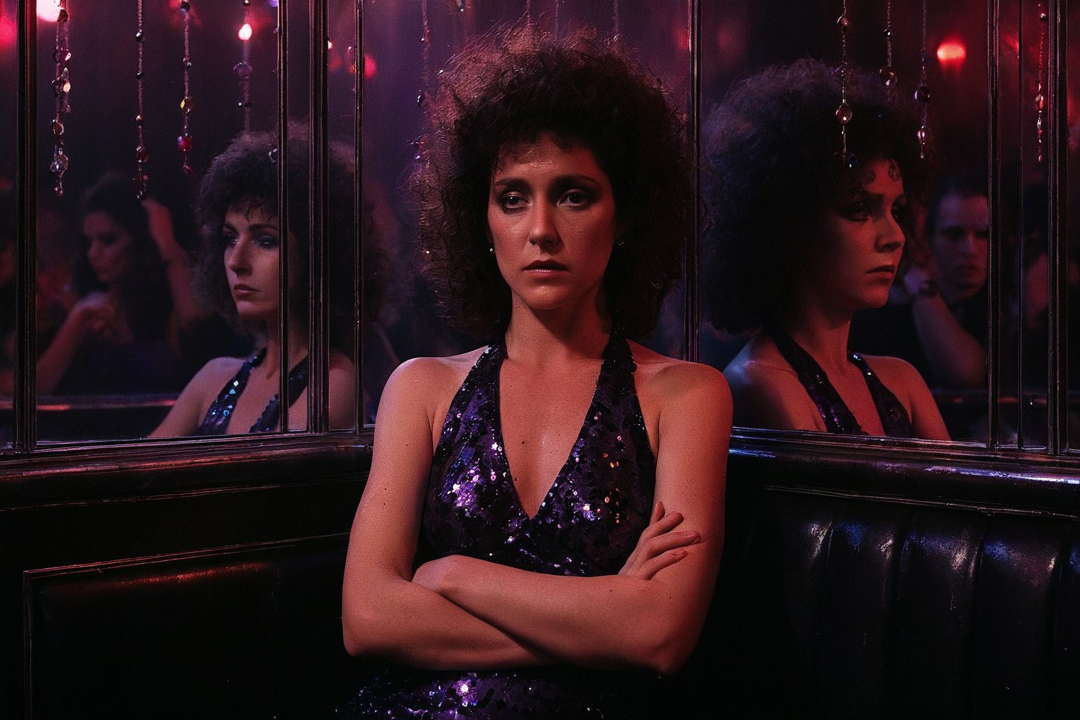cinematic still, Gina Montana, framed in the mirror-split VIP booth of the Babylon Inferno, her voluminous 1980s brown curls lit in fractured violet light, wearing a black sequin halter dress that shimmers like broken glass, seated upright with arms folded, her face duplicated across each mirror pane showing subtly different expressions—sorrow, judgment, indifference, medium shot, eye-level angle, background of club patrons frozen mid-toast behind a curtain of hanging rosaries, mood of quiet defiance and timeless watchfulness, ambient red backlighting with flickering strobe accents, color theme of scorched plum, chrome silver, and ash-glow pink, style inspired by The Others and Twin Peaks: Fire Walk with Me