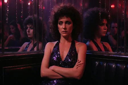 cinematic still, Gina Montana, framed in the mirror-split VIP booth of the Babylon Inferno, her voluminous 1980s brown curls lit in fractured violet light, wearing a black sequin halter dress that shimmers like broken glass, seated upright with arms folded, her face duplicated across each mirror pane showing subtly different expressions—sorrow, judgment, indifference, medium shot, eye-level angle, background of club patrons frozen mid-toast behind a curtain of hanging rosaries, mood of quiet defiance and timeless watchfulness, ambient red backlighting with flickering strobe accents, color theme of scorched plum, chrome silver, and ash-glow pink, style inspired by The Others and Twin Peaks: Fire Walk with Me