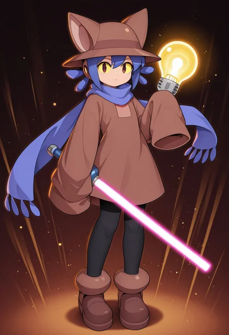 masterpiece, best quality, amazing quality, cniko,blue hair,short hair,hair between eyes,whiskers,, cat hat,yellow sclera,brown eyes,slit pupils,blue scarf,brown dress,long sleeves,sleeves past fingers,sleeves past wrists,black legwear, xdive, android, robot ears, bodysuit, holding a giant lightbulb themed beam saber, looking at viewer, solar aura, glowing left eye, hat obscuring right eye, dynamic pose, serious expression, full body