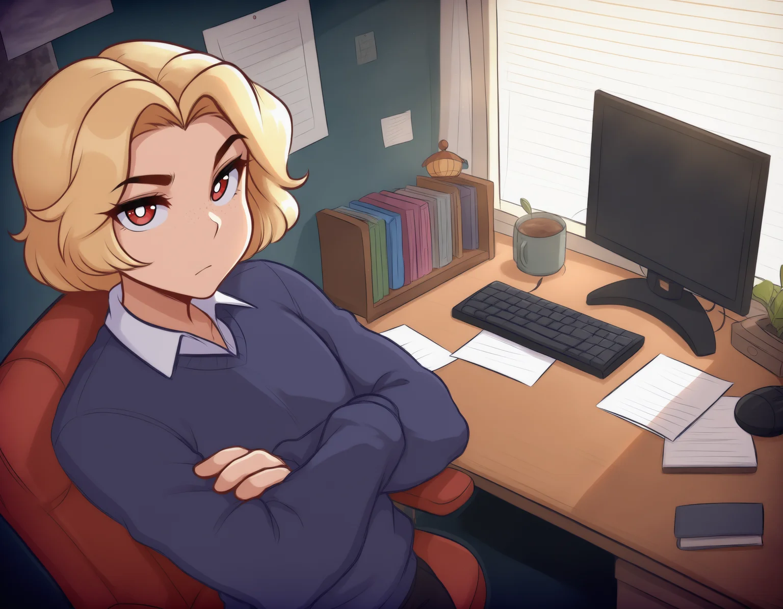 masterpiece, very awa, best quality, newest, absurdres, highres, animification,
detailed background, bedroom, window, desk, computer,
1boy, solo, toned male,
blonde hair, mullet, flat chest, short hair, parted bangs, red eyes, white pupils, medium eyebrows,
standing, dark blue sweater, white collared shirt, looking at viewer, portrait, three quarter view, expressionless, medium eyebrows, crossed arms,
<lora:bigusmixv6:1>