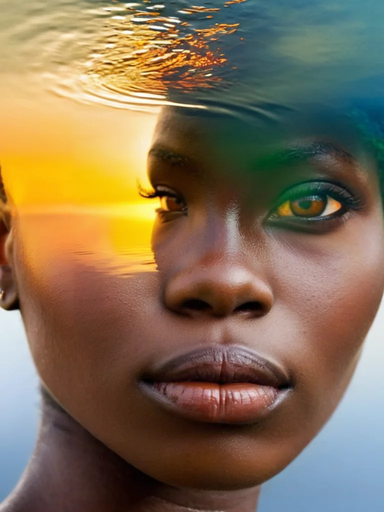 free flowing, high definition, color theory, stunning, sharp focus, close up of head, portrait of a african girl, double exposure style, lake , amora-style <lora:antonio-mora-style:1>
