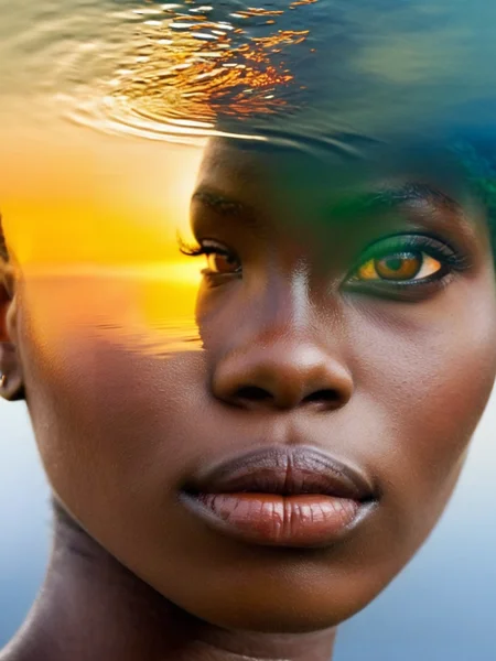 free flowing, high definition, color theory, stunning, sharp focus, close up of head, portrait of a african girl,  double exposure style, lake , amora-style <lora:antonio-mora-style:1>