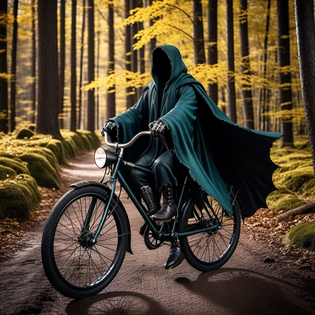 TheNazgul1024, wears a cape, ride a vintage bicycle, creepy hauted forest, detailed eyes, highly detailed, photography, ultra sharp, film, bokeh, professional, 4k  <lora:add-detail-xl:1.5> <lora:TheNazgul1024:0.8>