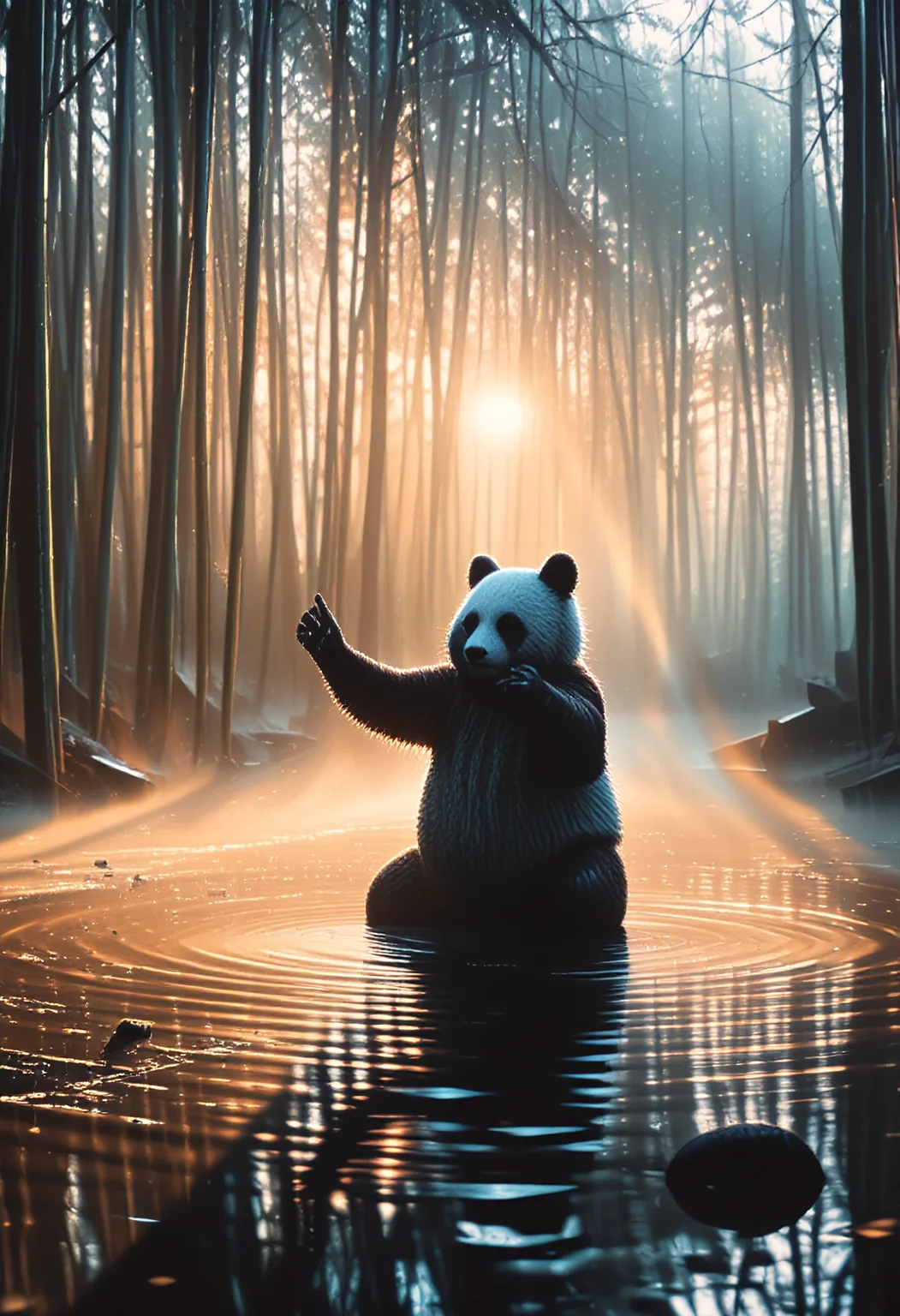 tranquil pond in a bamboo forest at dawn, sun is barely starting to peak over the horizon, panda practices Tai Chi near the edge of the pond, atmospheric perspective through the mist of morning dew, sunbeams, its movements are graceful and fluid - creating a sense of harmony and balance, the pond's calm waters reflecting the scene, inviting a sense of meditation and connection with nature, style of Howard Terpning and Jessica Rossier,detailmaximizer, max details,
