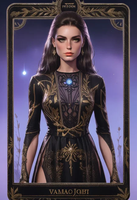 (score_9, score_8_up, score_7_up), ((zPDXL3)), ((zPDXLxxx)), (((T4R0TH, T4R0TH CARD, tarot))), source_nsfw, ((face focus, eye focus, dynamic angle, motion)), 1girl, fantasy, Tarot Card Style, (mystra, brown eyes, black hair, mystra, brown eyes, black hair), breathless intimacy, textured skin, leggings, skirt, petite model bombshell, young, delicate features, narrow pointy nose, tiny nose, brown hair, medium length hair, lust, big eyes, seductive eyes, blue eyes, detailed skin, flared lashes, mascara, makeup, breasts, athletic body, narrow waist, wide hips, ((tiny waist)), ((hourglass figure)),((sexy pose)), sensual gaze, 
warm light, detailed, neon dark party
 BREAK
milky way, runes, arcane, astral, surreal, ethereal glow, masterpiece, best quality, intricate design. colorful, moonlit nightsky, moody whimsical color palette, bold soldering lines, volumetric light shining through, crepuscular rays, intricate craftsmanship, detailed texture, luminous transparency, reflective light play, vivid hues, atmospheric depth, enchanting silhouette, art nouveau,