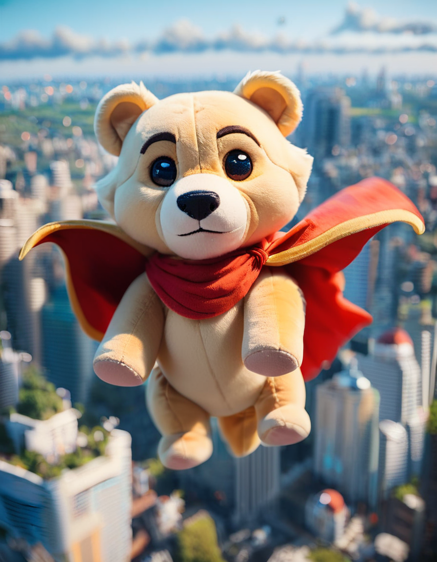 score_9, score_8_up, score_7_up,
rating_safe,
feral,mammal,a fat bear, cape, superhero, ((flying)), above skyscrapers, wind, dynamic, motion blur, city background, 
dynamic pose,dramatic view, pov,
<lora:woafu_plushify_pony:0.4> plushify, character stuffed toy, chibi,