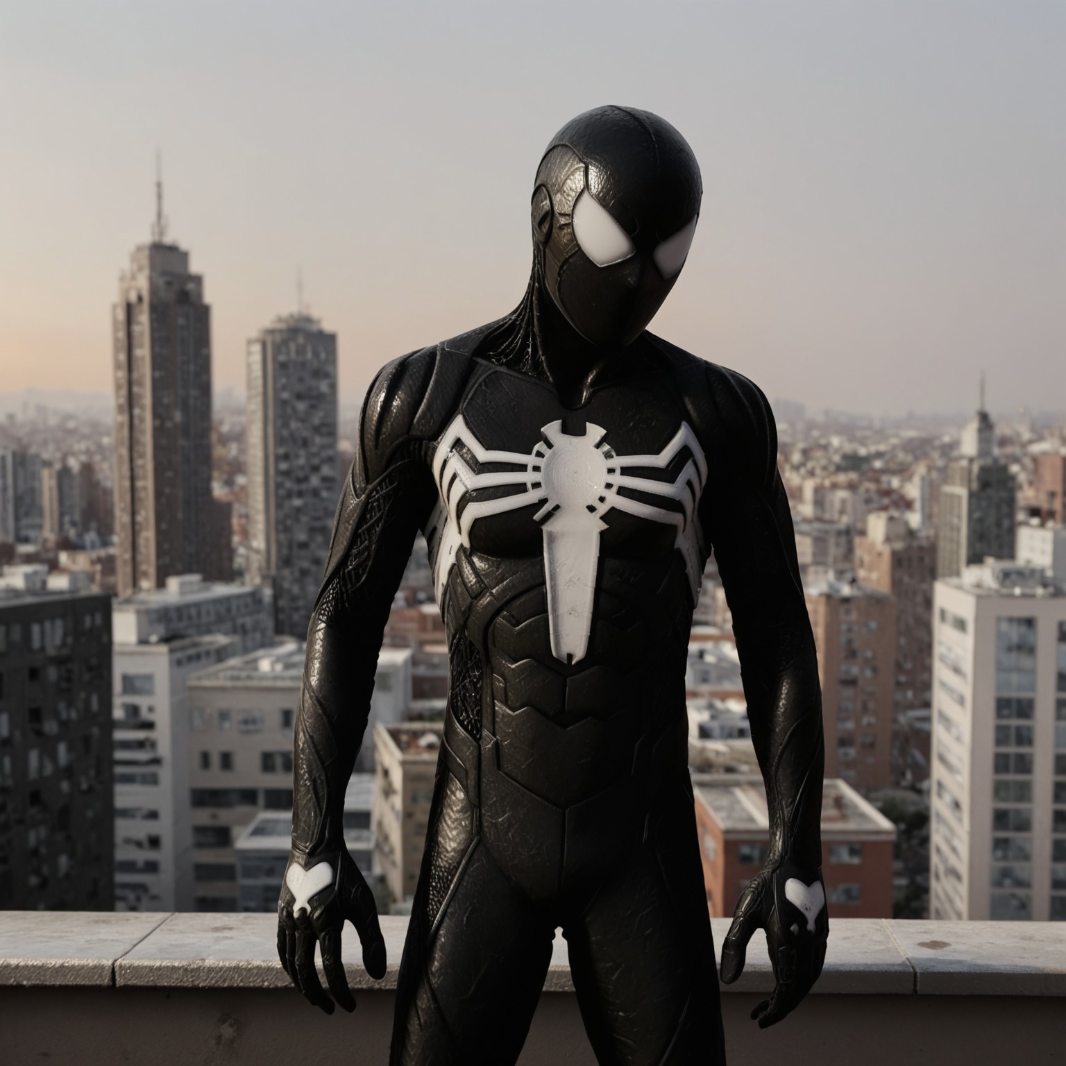 black suit, simple suit, symbiote suit, black mask, white eyes, white patches on hands, black webs, skinny, outside, in city, on rooftop