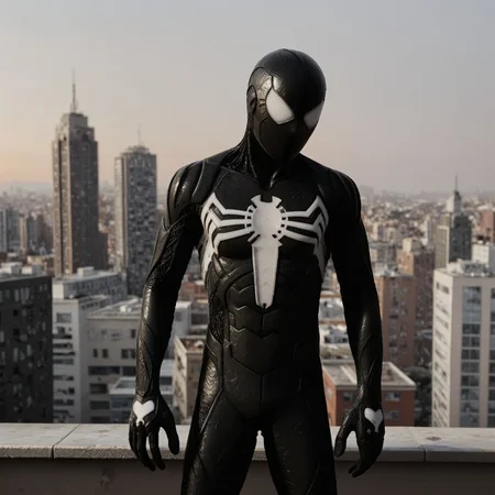 black suit, simple suit, symbiote suit, black mask, white eyes, white patches on hands, black webs, skinny, outside, in city, on rooftop