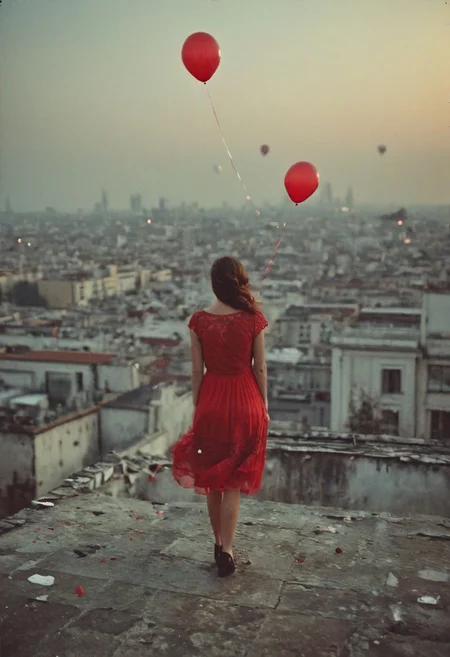 a street photography snapshot of a woman standing on a roof releasing 99 red balloons over the city at the break of dawn, the balloons and the woman's red dress are the only splashes of color, highly detailed, bokeh, film grain, ward winning photo
