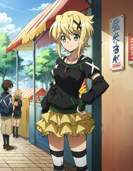 score_9, score_8_up, score_7_up, score_6_up, score_5_up, score_4_up, BREAK anime, casual, kirika, x hair ornament, pendant, frilled skirt, (striped stockings:1), hand on own hip, market, academy, students, people, solo focus, billboard, <lora:G-KirikaXL-Full:0.9>