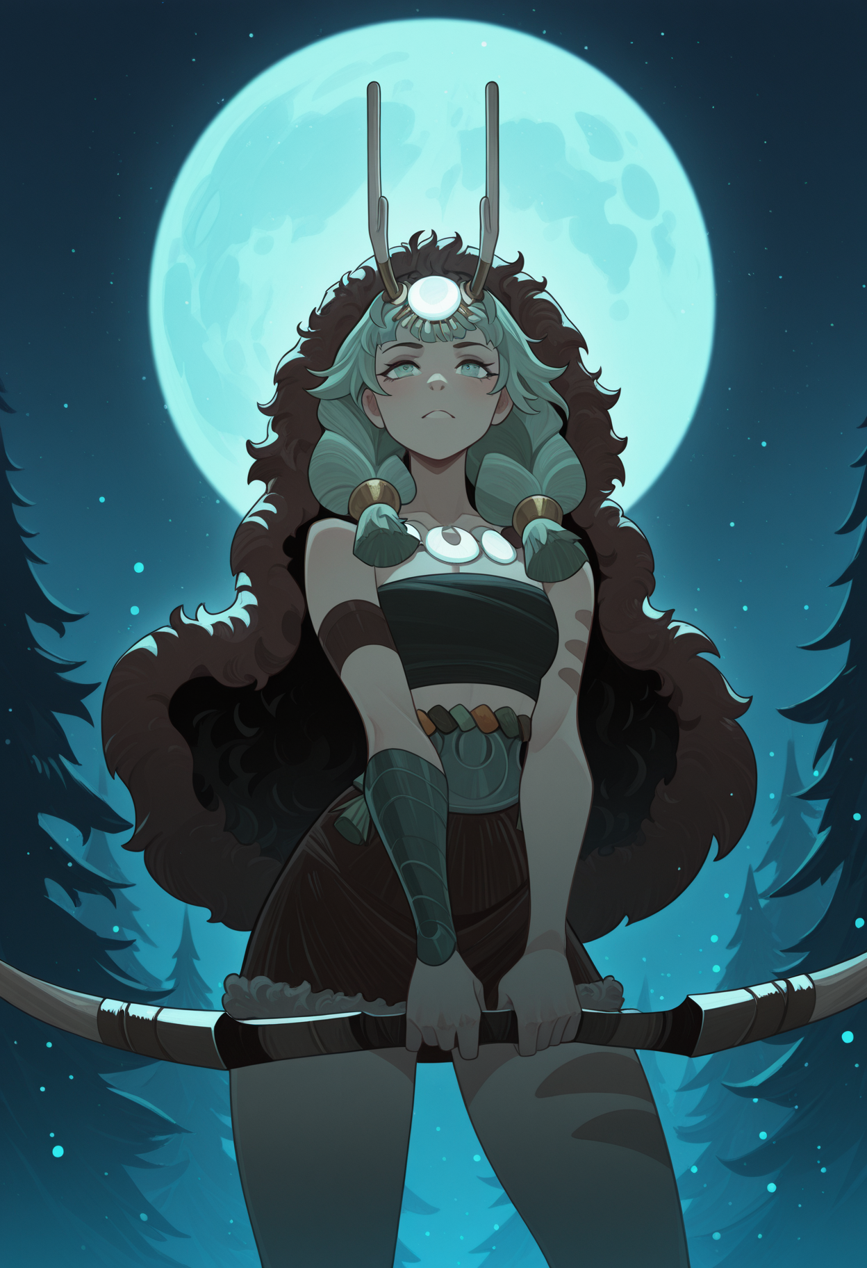 masterpiece, best quality, amazing quality, 1girl,,<lora:artemisIllustrious:1>
artemisHades2, ,coat, tube top, necklace, skirt, , moonlight, particles, night,  <lora:afkArenaIllustrious:1> afkArenaStyle, holding bow