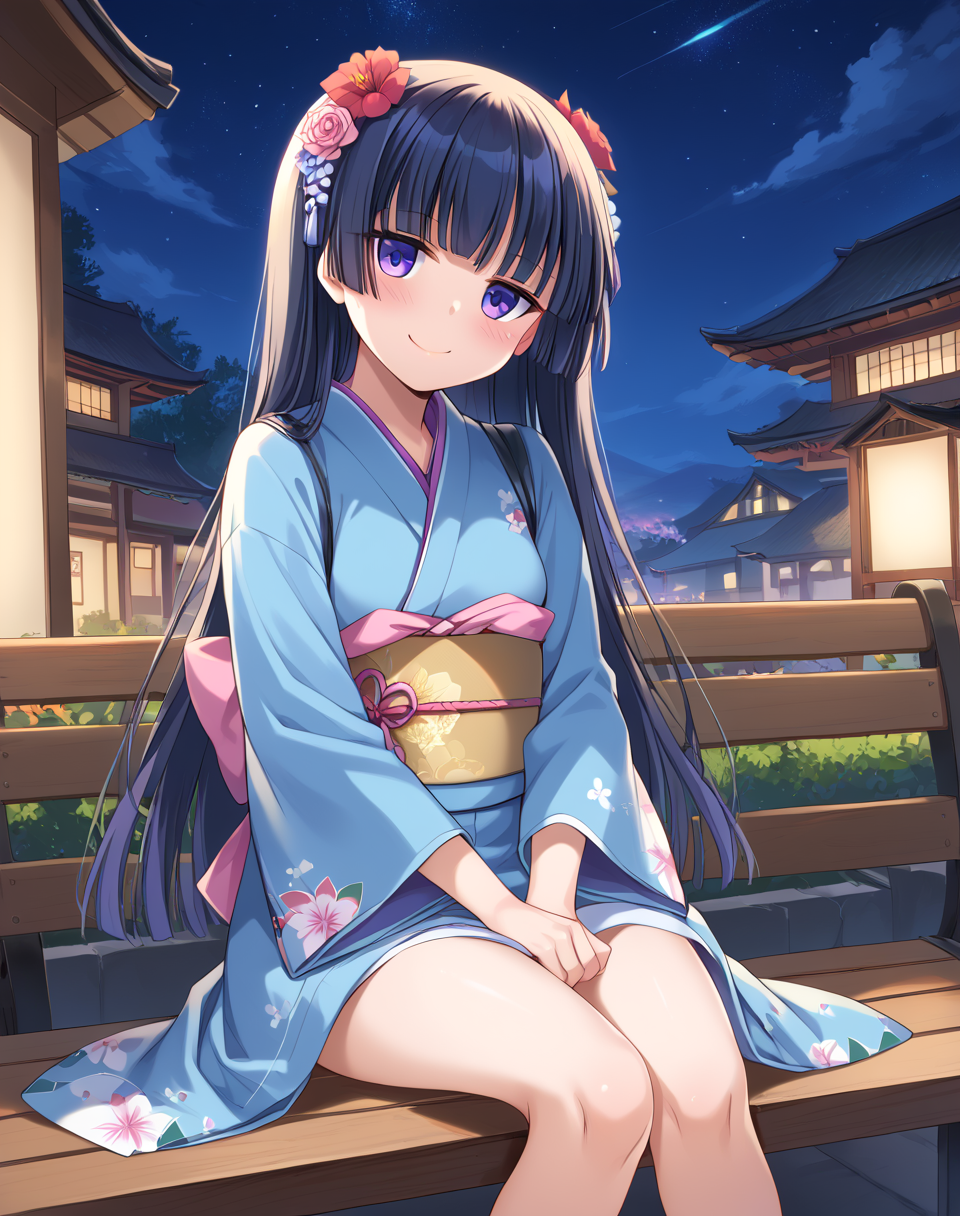 ruri_gokou, black hair, long hair, purple eyes, small breasts, japanese clothes, blue kimono , flower hair ornament BREAK outdoors, city, night, starry sky, BREAK sitted, sit on bench, hands on lap, smile, blush, looking at viewer BREAK score_9, score_8_up, score_7_up, source_anime ,zPDXL,  <lora:Ruri_Gokou:0.8>