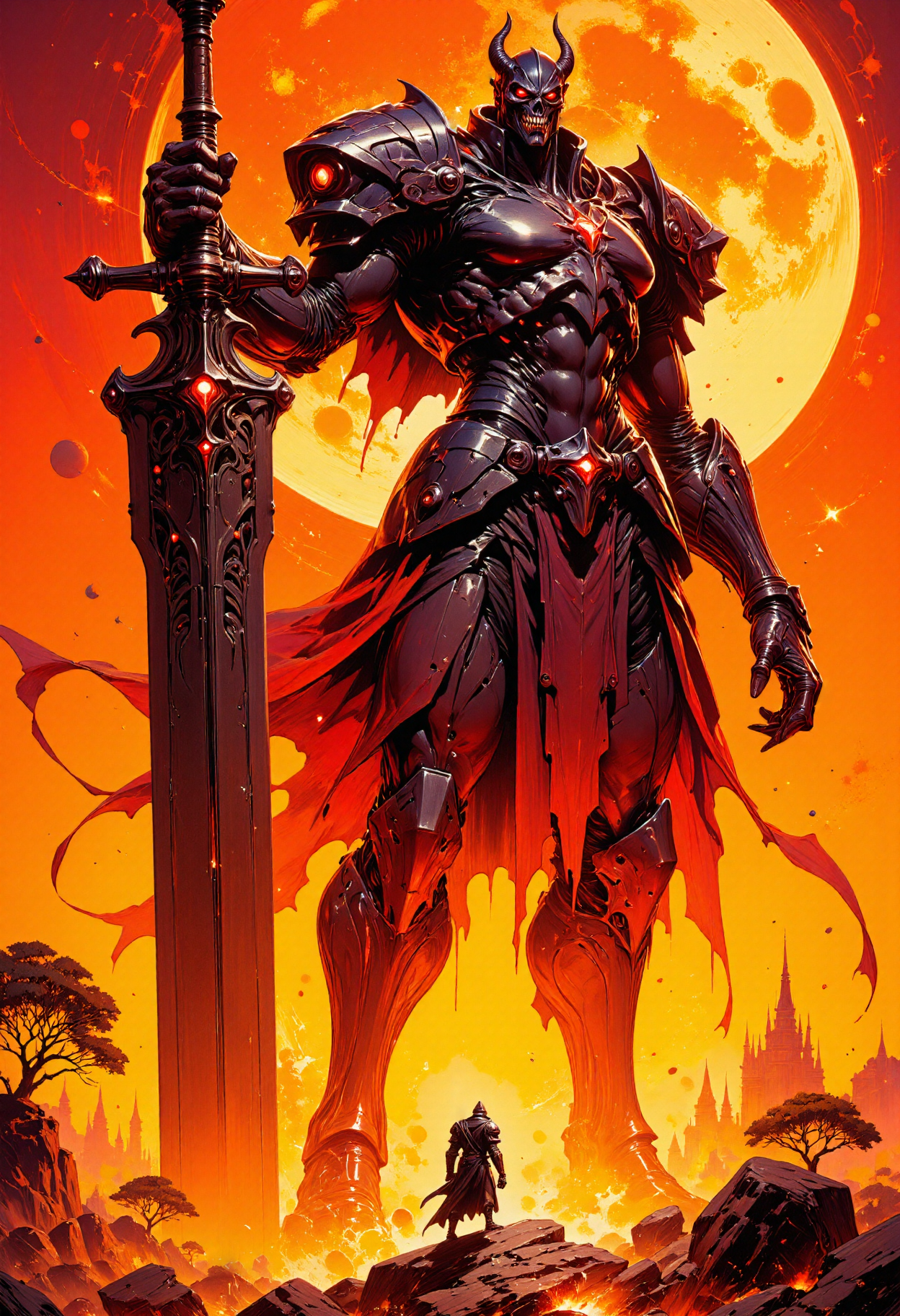 highest details, ultra hyper realism. highly detailed and realistic. intricate and highly professional artwork, an absolute masterpiece. extremely dynamic cinematic action shot with motion blur.
This expressive painting, depicts a towering, armored figure with glowing red eyes and a grotesque, skeletal face, wielding a massive, ornate sword. The figure stands amidst a fiery, volcanic landscape under a large, ominous foreign planet or moon. In the foreground, a small human figure stands silhouetted against the fiery background, crouched in agony and fear. The scene is richly detailed with a warm color palette dominated by oranges and reds. The composition uses dramatic lighting and a high level of detail, creating a sense of epic fantasy. The aesthetic quality is very high, with intricate textures and a dynamic, intense atmosphere.
<lora:monster_flux:0.35> <lora:niji_flux:0.5> niji_flux  <lora:RetroAnimeFluxV1:0.6> <lora:FluxMythG0thicL1nes:0.5> G0thicL1nes <lora:articolorpaint_v01_epoch_13:0.7>
