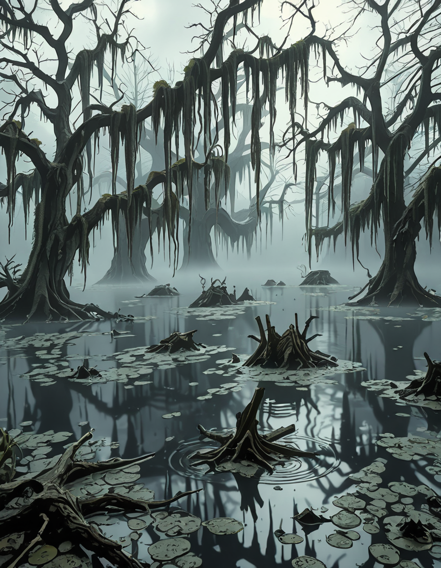 A dark and eerie swamp shrouded in thick mist, with twisted, gnarled trees rising from the murky water. Their bare branches reach out like skeletal fingers, draped in long, hanging moss. The water is still, reflecting the dim, overcast sky, with occasional ripples hinting at unseen movements beneath the surface. In the distance, decaying wooden structures, possibly remnants of an abandoned cabin or pier, are partially submerged and covered in moss. The air feels heavy and damp, filled with an eerie silence except for the occasional distant croak of a frog or the rustling of unseen creatures. Faint, ghostly lights hover above the water, casting an unnatural glow. The atmosphere is ominous and foreboding, evoking a sense of mystery and unease.
<lora:SDXLFaeTastic2400:0.4> <lora:extremely_detailed:0.4> extremely detailed,  <lora:0m1n0us_sw4mp_ill:1>,0m1n0us sw4mp, Masterpiece,best quality,hi res,8k,hi res,8k,award winning,(sharp focus, intricate, highly detailed),