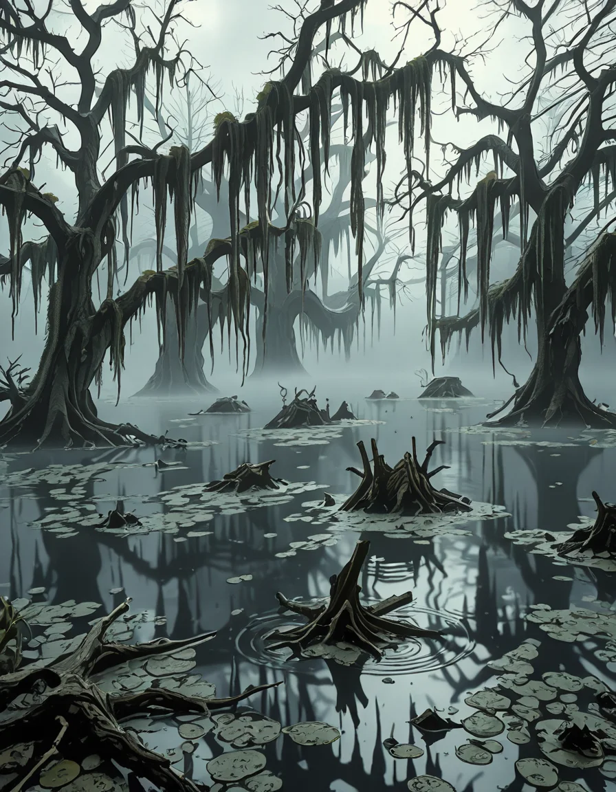 A dark and eerie swamp shrouded in thick mist, with twisted, gnarled trees rising from the murky water. Their bare branches reach out like skeletal fingers, draped in long, hanging moss. The water is still, reflecting the dim, overcast sky, with occasional ripples hinting at unseen movements beneath the surface. In the distance, decaying wooden structures, possibly remnants of an abandoned cabin or pier, are partially submerged and covered in moss. The air feels heavy and damp, filled with an eerie silence except for the occasional distant croak of a frog or the rustling of unseen creatures. Faint, ghostly lights hover above the water, casting an unnatural glow. The atmosphere is ominous and foreboding, evoking a sense of mystery and unease.
<lora:SDXLFaeTastic2400:0.4> <lora:extremely_detailed:0.4> extremely detailed, <lora:0m1n0us_sw4mp_ill:1>,0m1n0us sw4mp, Masterpiece,best quality,hi res,8k,hi res,8k,award winning,(sharp focus, intricate, highly detailed),