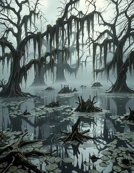 A dark and eerie swamp shrouded in thick mist, with twisted, gnarled trees rising from the murky water. Their bare branches reach out like skeletal fingers, draped in long, hanging moss. The water is still, reflecting the dim, overcast sky, with occasional ripples hinting at unseen movements beneath the surface. In the distance, decaying wooden structures, possibly remnants of an abandoned cabin or pier, are partially submerged and covered in moss. The air feels heavy and damp, filled with an eerie silence except for the occasional distant croak of a frog or the rustling of unseen creatures. Faint, ghostly lights hover above the water, casting an unnatural glow. The atmosphere is ominous and foreboding, evoking a sense of mystery and unease.
<lora:SDXLFaeTastic2400:0.4> <lora:extremely_detailed:0.4> extremely detailed, <lora:0m1n0us_sw4mp_ill:1>,0m1n0us sw4mp, Masterpiece,best quality,hi res,8k,hi res,8k,award winning,(sharp focus, intricate, highly detailed),