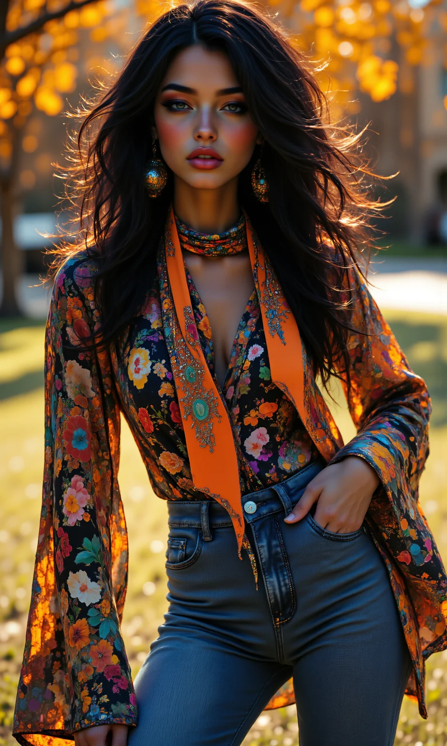 A breathtaking, high-fashion editorial photoshoot featuring Grace Jones, styled in 1970s casual elegance by designers Halston. She wears a bohemian peasant blouse with jeans, styled with silk scarf tied around the neck. The color palette reflects the iconic tones of the decade: classic black and white. The outfit's fabrics include suede, perfectly capturing the aesthetic of the 70s. <lora:FLUX.1-DEV_-_Wild_1970s_Fashions_LoRA:0.8>, <lora:midjourney_whisper_avant_couture_v01:0.6>,
break
perfectly smooth jawline, no cleft chin, soft and defined chin, symmetrical and elegant facial features, well-balanced proportions, delicate and flawless face, smooth skin texture, sharp yet gentle jawline, natural beauty, high cheekbones, soft jaw curves, sleek, even facial structure, harmonious face symmetry, no dimples or clefts, clean and graceful profile, refined and polished appearance, seamless jawline transition, fine facial detail,
break
modeling pose, on the runway, side profile, from below, slight tilt, fullbody shot, low angle for dynamic view, ruffled clothing, looking away,
break
8k, ultra photorealistic, cinematic lighting, warm tones with soft shadows, high dynamic range, subtle film grain, lens flare, and a warm golden-hour glow. Backgrounds feature sunny park, with slight bokeh for depth, capturing the essence of 1970s fashion in a fine art editorial style. aidmafluxpro1.1, <lora:aidmaFluxPro1.1Stylev0.2:0.7>, midjourney_whisper, <lora:midjourney_whisper_flux_lora_v01:0.5>, velvet_myst, <lora:Midjourney_Whisper_Chromaplex_Velvet_Myst_v01:0.8>,