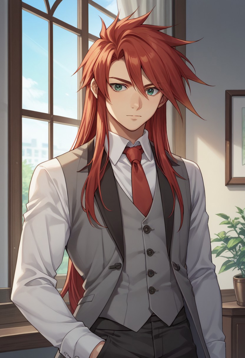 score_9, score_8_up, score_7_up, source_anime, highly detailed, 
lukefon, solo, 1boy, male focus, formal, red hair, suit, necktie, red necktie, green eyes, pants, vest, long hair, shirt, collared shirt,  white shirt, grey suit, upper body
indoor, window