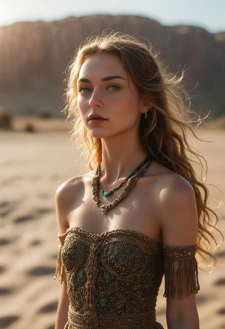neoteny, soft jaw, small mouth, wideset eyes, barely, clothed, skinny, small tits, light makeup, round face, lipstick, european, body, portrait, 1girl, solo, long hair, jewelry, necklace, upper body, parted lips, looking at viewer, brown hair, lips, realistic, green eyes, bare shoulders, outdoors, blue eyes, blonde hair, collarbone, day, depth of field, messy hair, small breasts, breasts, forehead, arms at sides, eyelashes, photorealistic, slightly wavy hair, pair skin, eyeshadow