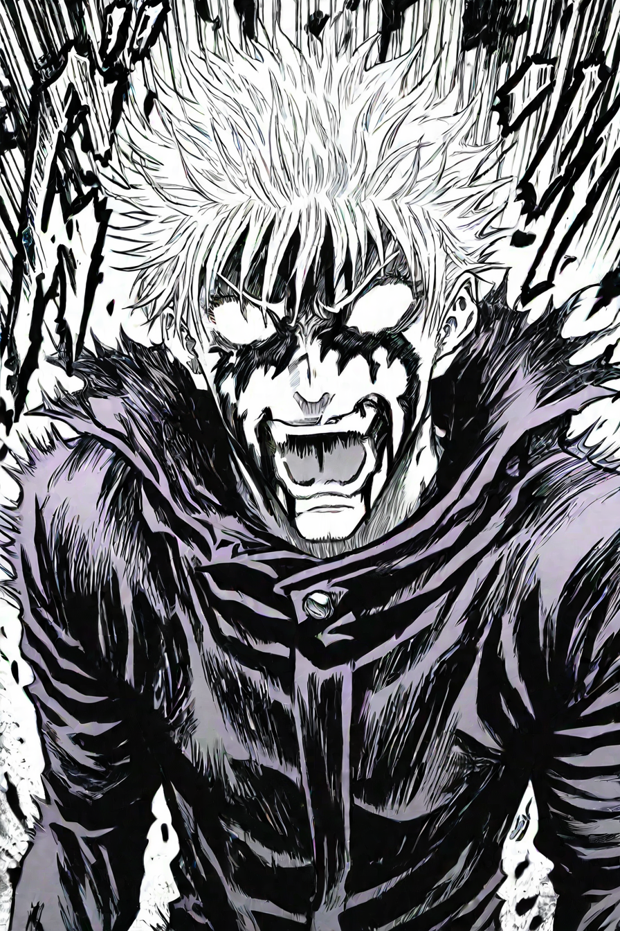 <lora:GojoSatoruPony:0.8> SatoruGojo, gojou satoru, white hair, purple pants, high collar, purple jacket, 1boy, solo, alone, <lora:kentaro_miura_style_illustriousXL:1>, kentaro_miura_style,  open mouth, angry, blurry, motion lines,  teeth, screaming, blood on face, blank eyes, monochrome, greyscale, masterpiece, highres