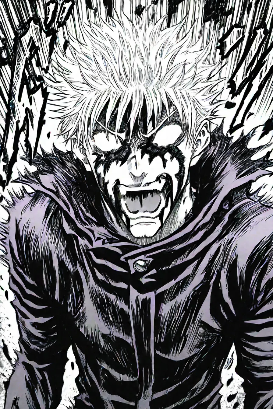 <lora:GojoSatoruPony:0.8> SatoruGojo, gojou satoru, white hair, purple pants, high collar, purple jacket, 1boy, solo, alone, <lora:kentaro_miura_style_illustriousXL:1>, kentaro_miura_style, open mouth, angry, blurry, motion lines, teeth, screaming, blood on face, blank eyes, monochrome, greyscale, masterpiece, highres