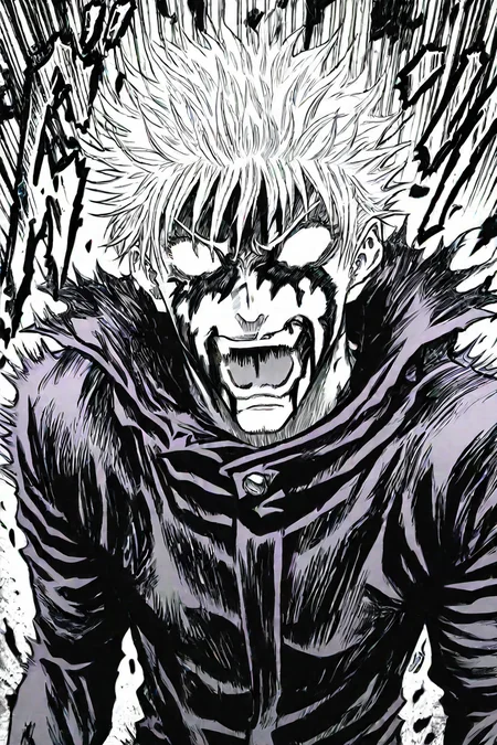 <lora:GojoSatoruPony:0.8> SatoruGojo, gojou satoru, white hair, purple pants, high collar, purple jacket, 1boy, solo, alone, <lora:kentaro_miura_style_illustriousXL:1>, kentaro_miura_style, open mouth, angry, blurry, motion lines, teeth, screaming, blood on face, blank eyes, monochrome, greyscale, masterpiece, highres