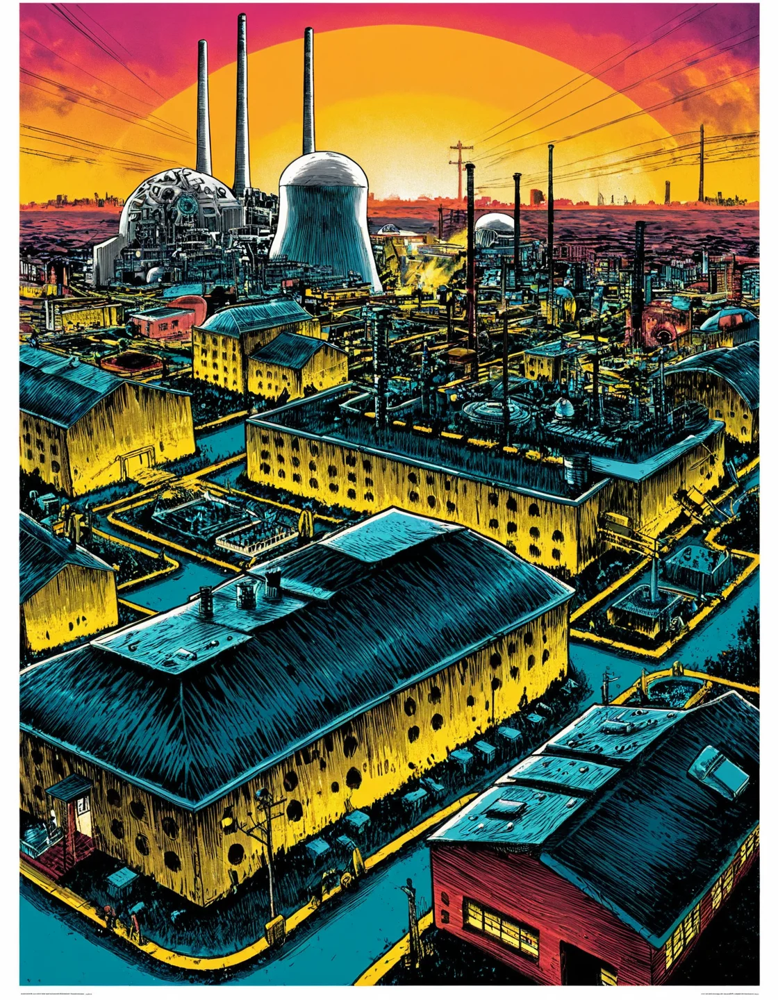 t1md0yl3, movie poster,
no humans, vibrant colors, outdoors scenery, wide shot of a city, taken from above,
houses, wide shot, nuclear power plant, sunset,
white border,
<lora:tim_doyle-SDXL-v1:1>