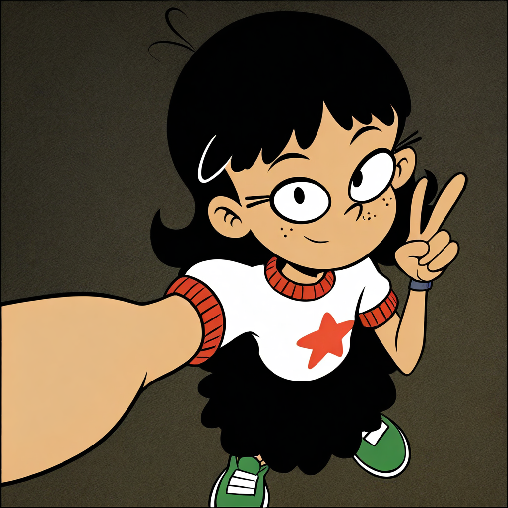 masterpiece, best quality, stella_lh, black hair, freckles, shirt, star_(symbol), skirt, selfie, from above,