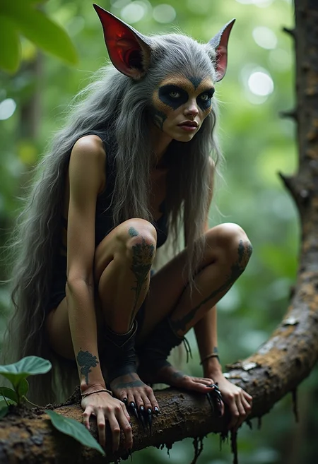 woman, otherworldly beauty, exotic, alien, occult, fantastic, squatting on tree branch, feral,